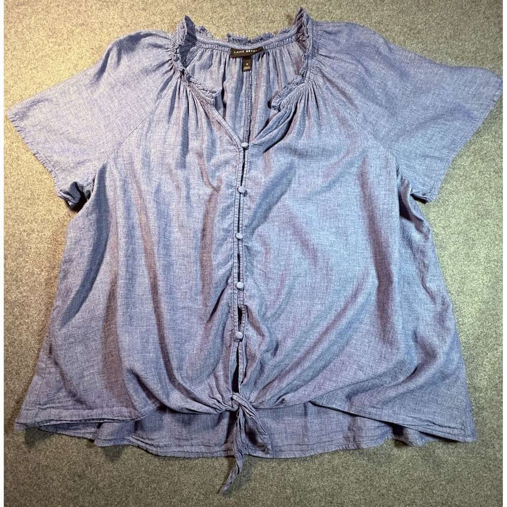 Lane Bryant Blue Chambray Tie Front Ruffle Neck Button Down Top Womens Plus 18